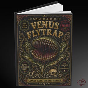 May include: A black book with a detailed illustration of a Venus Flytrap. The cover features the text "VENUS FLYTRAP" and "SINISTER SEED CO." in gold lettering, with additional text indicating "100% Heirloom Seeds" and "Net Wt. 1 oz."