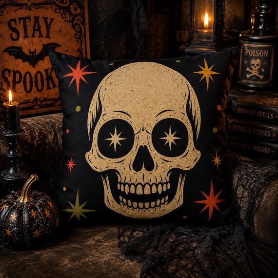 Retro Star Skull Indoor Outdoor Pillow | Mid-Century Halloween Skull Decorative Cushion