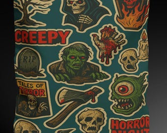 Vintage 80er Horror Zombie Aufkleber Muster Comic Buch Einkaufstasche