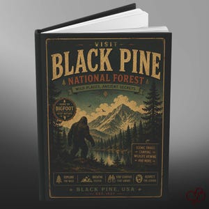 May include: A hardcover journal with a vintage-style design featuring the text "Visit Black Pine National Forest." The cover art includes a Bigfoot illustration, mountain scenery, and the words "Wild Places, Ancient Secrets."