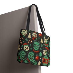 Retro Holiday Tote Bag, Christmas Cheer Bag Frankenstein Carry-All, Creep It Festive Tote Gothmas White Elephant Grab Gift Halloween Mashup