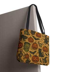Vintage Halloween Themed Tote Bag, Retro Monster Spooky Halloween Treat Bag, Pumpkin Tote, Trick or Treat Bag, Fun Fall Accessory