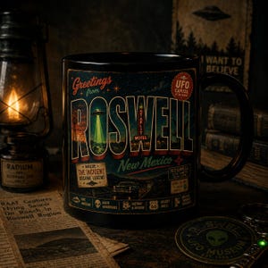 Roswell UFO Coffee Mug, Vintage Alien Travel Art, Retro New Mexico Cryptid Cup, Haunted Americana Bild 2