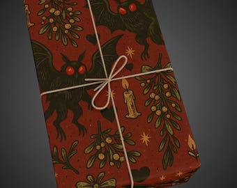 Mothman Under the Mistletoe Wrapping Paper Creepmas Cryptid Gothmas Yankee Swap White Elephant Grab
