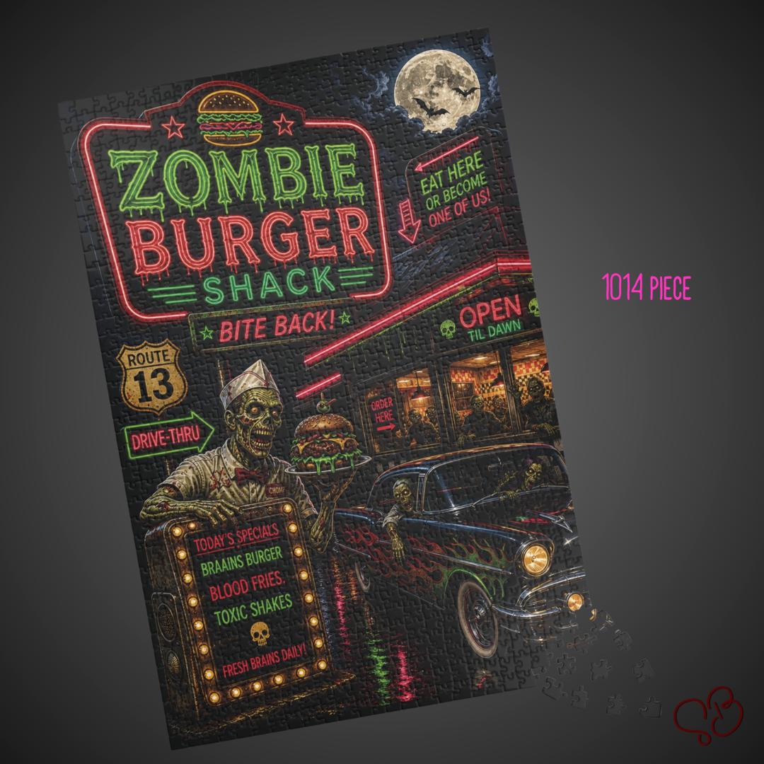 Neon Zombie Burger Shack Puzzle | Retro Horror Jigsaw Puzzle