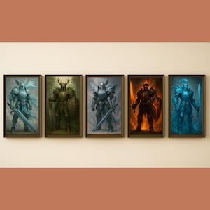Lot d&#39;oeuvres d&#39;art murales Chevalier élémentaire | Impressions épiques de guerriers fantastiques pour chambre d&#39;enfant, décoration de joueur ou fans de TTRPG (feu, eau, air, terre, métal)