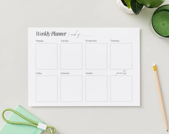 May include: A white weekly planner with the text "Weekly Planner / week of" at the top. The planner has boxes for each day of the week, with "priorities" written at the bottom. A pencil, a green notepad, and a glass are also visible.