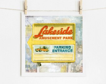 Old Amusement Park Sign Print Vintage Neon Sign Midcentury Sign Retro Wall Art Denver Print Americana 8x8 up to 24x24 "Lakeside Amusement"