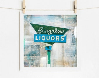 Vintage Neon Sign Print Vintage Sign Midcentury Sign Old Liquor Sign print Retro Wall Art Road Trip Art 8x8 up to 24x24 "Bungalow Liquors"