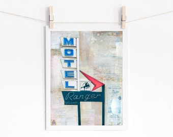 Old Motel Sign Vintage Motel Print Retro Neon Sign Cowboy print Kitschy art print Road Trip  print 8x10 up to 24x36 "Ranger Motel"