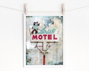 Old Motel Sign Vintage Motel Print Retro Neon Sign Cowboy print Kitschy art print Road Trip  print 8x10 up to 24x36 "Lariat Motel"