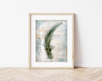 Feather print wall art Contemporary art print long gray feather on light blue background fine art print 8x10 up to 16x20 "Flow"