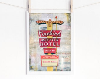 Vintage Motel Print Old Motel Sign Retro Neon Sign  print Kitschy art print Road Trip  print  Cheyenne WY, 8x10 up to 24x36 "Firebird Motel"