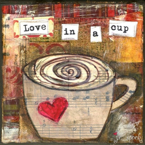 Mixta arte: Amor por el café - impresión 5 x 5 - Whimsical arte, arte popular, arte inspirador, arte de la pared, marrón café arte - rojo,