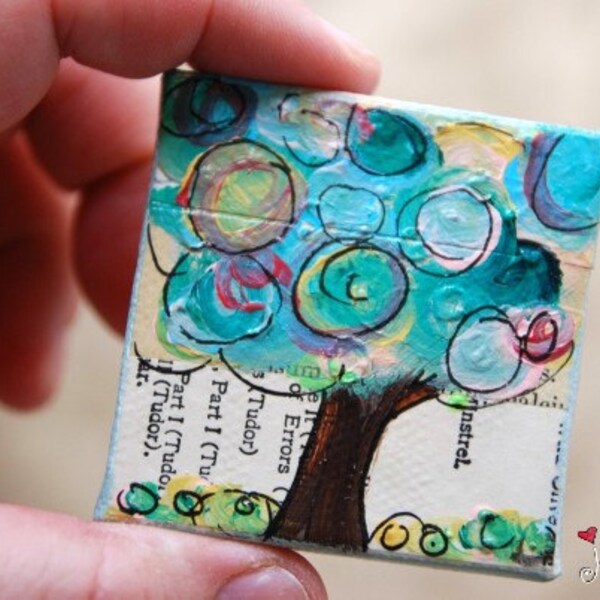 Mini Painting: "Whimsical Tree 3" 2x2, original painting, acrylic painting, mini original, tree painting, mixed media original, green
