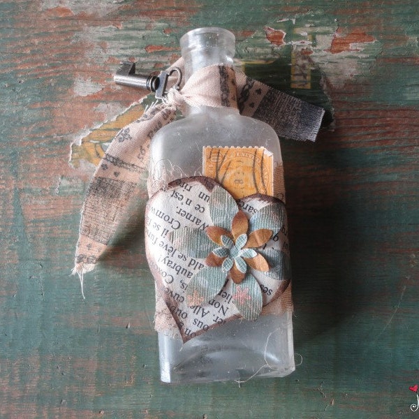 Altered Art: Flowered Altered Bottle, Vintage apothecary bottle, vintage bottle art, apothecary bottle art, assemblage, 4 3/4" x 1 3/4"