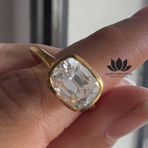 3 Ct Old Mine Elongated Cushion Cut Moissanite Ring Bezel Set East West Solitaire Solid Gold Classic Engagement or Anniversary Fine Jewelry