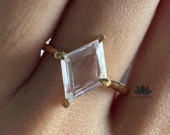 Portrait Lozenge Cut Moissanite Ring | 14K Solid Gold Solitaire Ring | Unique Modern Engagement Ring | Anniversary Gift for Her