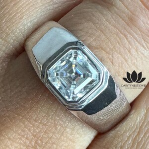 Modern Men’s Engagement Ring 2 CTW Asscher Cut Moissanite Wide Band Solid Gold Bezel Set Wedding Ring Handmade Anniversary Gift for Husband