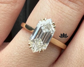 3 CT Elongated Hexagon Lab Diamond Engagement Ring | 14K Solid Gold Step Cut Solitaire Wedding Ring