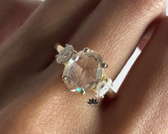 Ovale moissaniet verlovingsring roosgeslepen | Vintage ring met drie stenen, 14 kt goud | Trouwring in antieke stijl voor haar