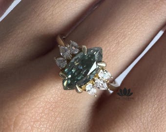 Green Marquise Moissanite Cluster Ring | 1.5 CTW Engagement Ring in 18K Solid Gold | Wedding Jewelry Gift Her