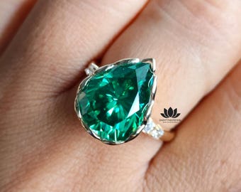 5.0 CTW Dark Green Pear Cut Moissanite Engagement Ring | Bezel Set Solitaire with Accent Stones Solid Gold | Statement Wedding Gift for Her