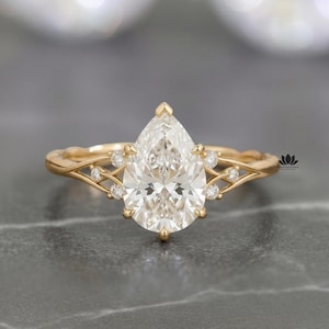 Pear Cut Moissanite Engagement Ring | 14K Solid Gold Nature Inspired Leaf Vine Vintage Wedding Ring