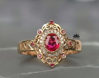 Anel de Noivado com Rubi Oval e Halo | Anel Vintage Vitoriano em Filigrana em Ouro 14K | Presente de Casamento com Pedra de Nascimento de Julho para Ela