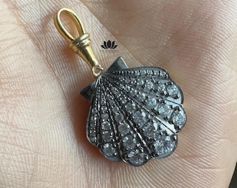 Seashell Lab Grown Diamond Pendant | 14K Gold Black Rhodium Bezel | Ocean Inspired Jewelry Gifts Her