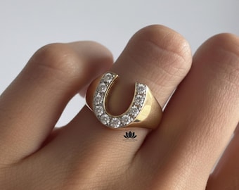 Horseshoe Diamond Ring 14K Gold | Lucky Charm Pavé Ring | Bold U Shape Statement Ring | Good Luck Jewelry Gift for Her