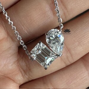 3.0 CTW Emerald and Pear Cut Moissanite Necklace Two Stone 18K Solid Gold Minimal Pendant Necklace Everyday Wear Anniversary Gift for Her