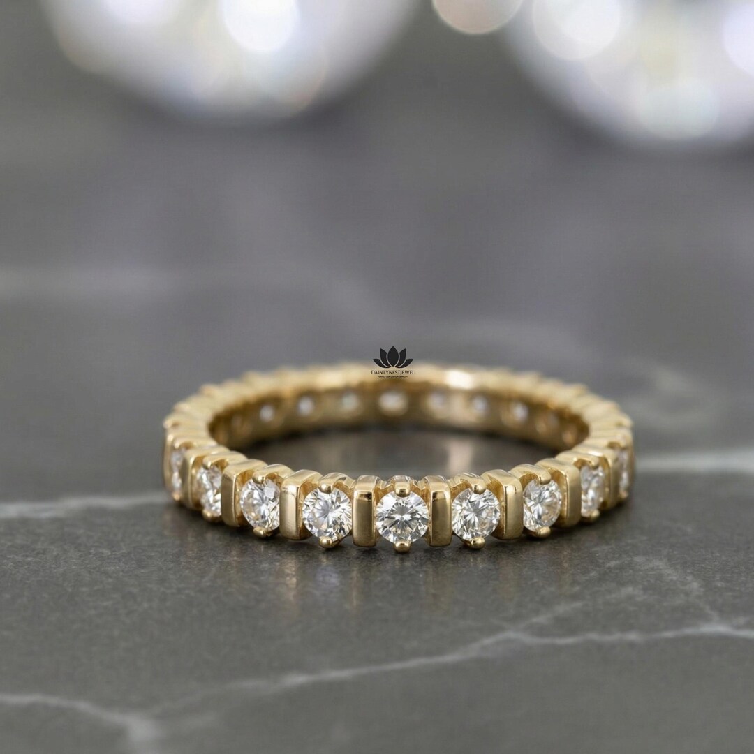 Round Cut Lab Grown Diamond Full Eternity Ring | 14K Solid Gold Bar Set ...