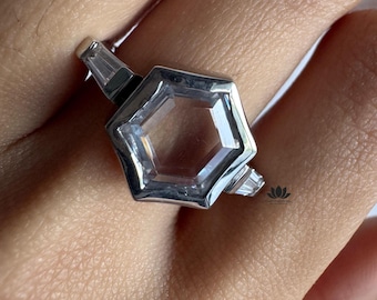 Hexagon Moissanite Engagement Ring | Portrait Cut Bezel Set 18K Solid Gold Three Stone Wedding Ring | Anniversary Gift for Her