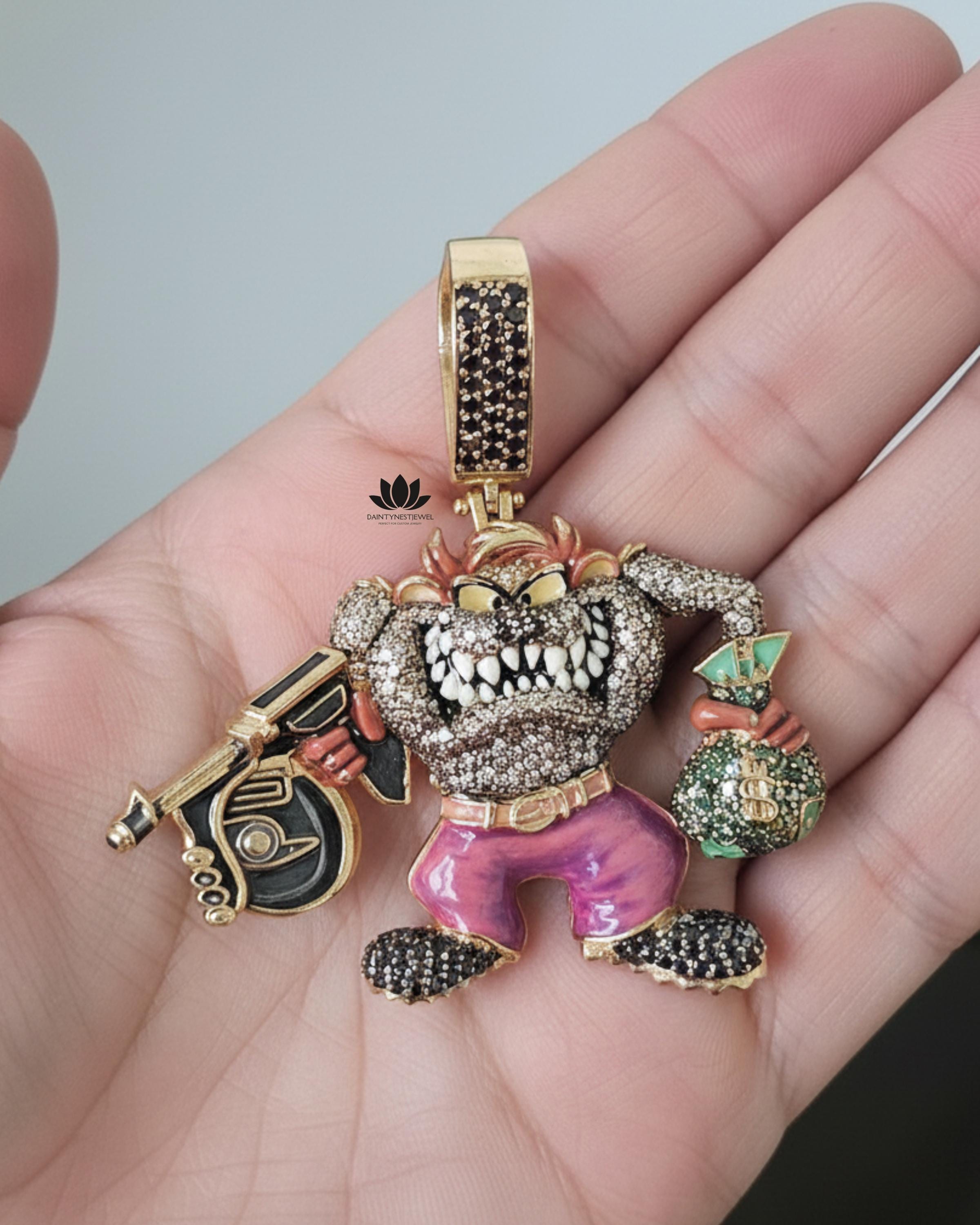 Tasmanian Devil Pendant | Iced Out Cartoon Character Charm | Hip