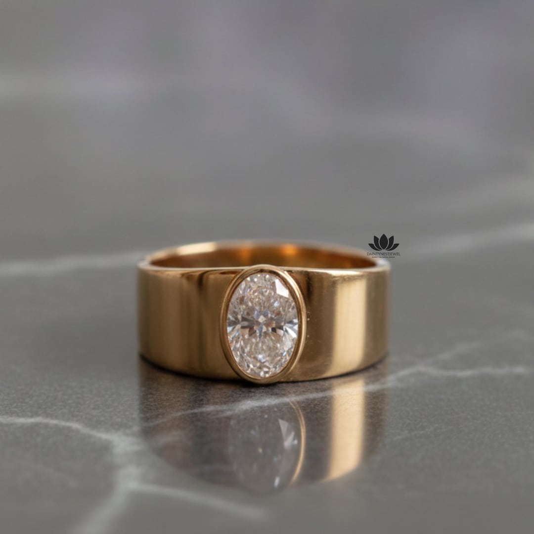 Oval Cut Moissanite Bezel Engagement Ring | 14K Solid Yellow Gold Wide ...