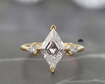 Lozenge & Kite Cut Lab Grown Diamond Engagement Ring | 14K Solid Gold Three Stone Promise Ring | Modern Unique Bridal Ring
