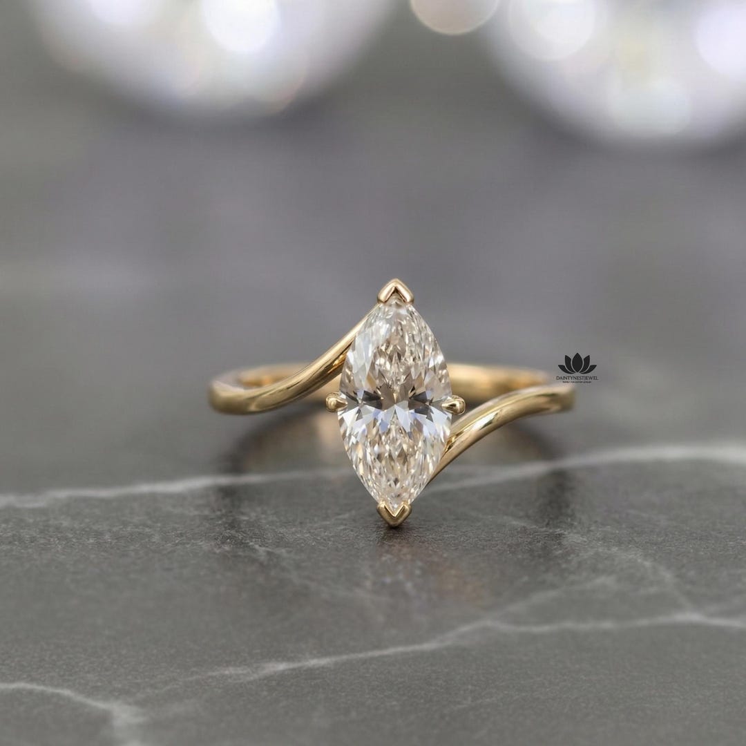 Marquise Cut Lab Grown Diamond Ring | 14K Gold Bypass Solitaire ...