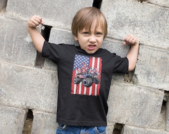 Camiseta Monster Truck com a bandeira dos EUA, camiseta de 4 de julho para crianças, camiseta de 4 de julho para meninos e meninas, camiseta de 4 de julho para crianças pequenas com a frase "Independência"