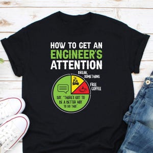 May include: Black t-shirt with the text "HOW TO GET AN ENGINEER'S ATTENTION" in white and green. A pie chart graphic shows ways to get an engineer's attention: "Break Something", "Free Coffee", and "Say, 'There's got to be a better way to do this.'"