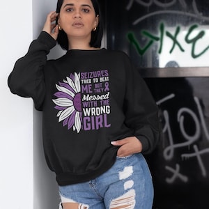 Seizures Sweatshirt Seizures Tried to beat Me Sweatshirt, Epilepsy Awareness For Epileptic Sweater, Purple Ribbon Epilepsy Warrior Fighter