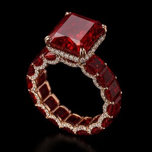 Puede incluir: Un lujoso anillo con una gran piedra preciosa roja oscura de forma rectangular como pieza central. La banda del anillo está adornada con piedras rojas más pequeñas, de corte cuadrado, y acentuada con un delicado borde de pequeñas piedras preciosas claras. El engaste es de color oro cálido.