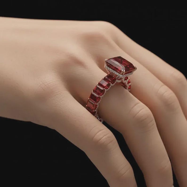 Luxury Lab Grown Ruby Ring Emerald Cut Red Gemstone Eternity Band 925 Silver Statement Ring Birthstone Gift for Women image 2