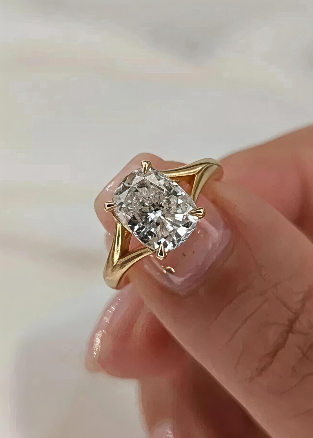 Cushion Cut Moissanite Engagement Ring Split Shank Solitaire Ring ...