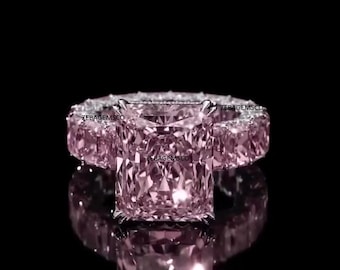 Luxury Pink Lab-Grown Diamond Ring – Cushion Cut Statement Ring in 925 Silver – Iced Out Eternity Band – High Jewelry Look Engagement Ring