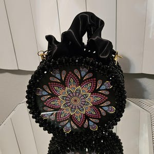 Hand crafted  beaded psychedelic black color circle  purse