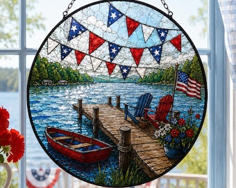 Patriottische Lake Dock Suncatcher, Americana raamdecoratie, Fourth of July cadeau, Lake House decor, zomercabine decor, 4 juli decor