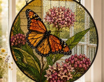 Monarchvlinder Suncatcher, kroontjeskruid bloemraam hangend, gebrandschilderd glas stijl vlinder decor, natuurliefhebber cadeau, tuinraamkunst