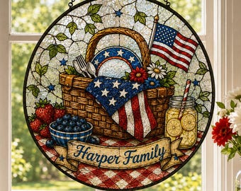 Gepersonaliseerde patriottische picknick Suncatcher, Americana raamdecoratie, Fourth of July cadeau, familie veranda decor, 4 juli decor