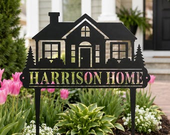 Gepersonaliseerde huistuinpaal, zwarte metalen tuinkunst, voortuin gazondecor, housewarmingcadeau